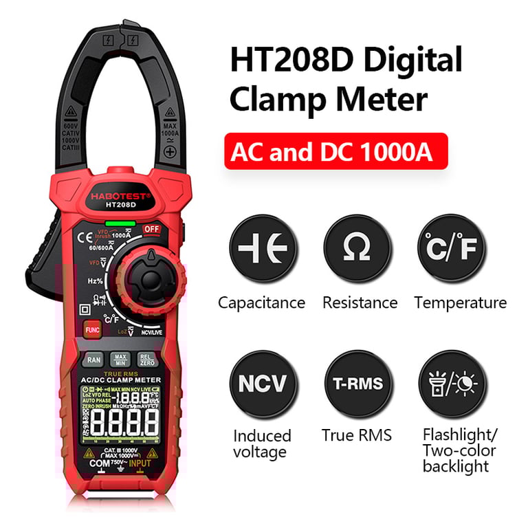 HT208A/D AC/DC Digital Clamp Meter with True RMS, NCV, Ohm Testing, Capacitance & Hz Measurement - High-Precision Electrical Tester for Electricians, Technicians, and DIY Enthusiasts - Non-Contact AC Current Measurement up to 600A - Large LCD Screen & Durable Design for Easy Troubleshooting & Maintenance