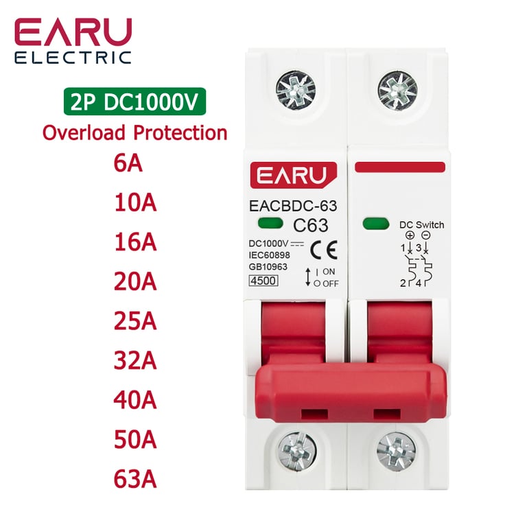 DC 1000V Solar Mini Circuit Breaker with Overload Protection, Multiple Amp Options, Photovoltaic Compatibility, Two-Pole Configuration, and Durable Construction for Solar Installations