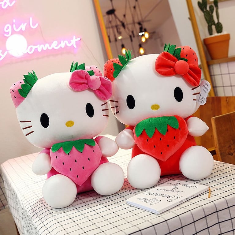 Adorable Strawberry KT Cat Hello Kitty Plush Stuffed Toy - Perfect for Children's Gifts and Home Decorations - Soft and Huggable Material - High-Quality Construction - Multi-Purpose Usage as Pillow or Decorative Accent - Ideal Gift for Hello Kitty Fans - Collectible Item from Sanrio
