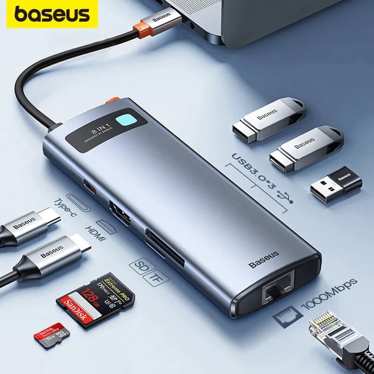 Baseus 4K 60Hz USB C Hub with Ethernet Port, USB 3.0 Ports, PD 100W Adapter - High-Speed Connectivity, Power Delivery, 4K Display, Sleek Design - Compatible with MacBook Pro, Laptops, Tablets - Portable and Durable Aluminum Alloy Casing for Versatile Connectivity On-The-Go