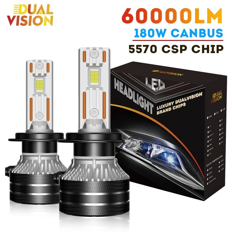 Ultra-Bright 60000 Lumens K5C H7 LED Headlights with Canbus Ready Technology, High Power CSP Chips, and Wide Compatibility for Enhanced Visibility in Adverse Conditions - Cool 6000K Color Temperature for Safe Driving in Various Car Models
