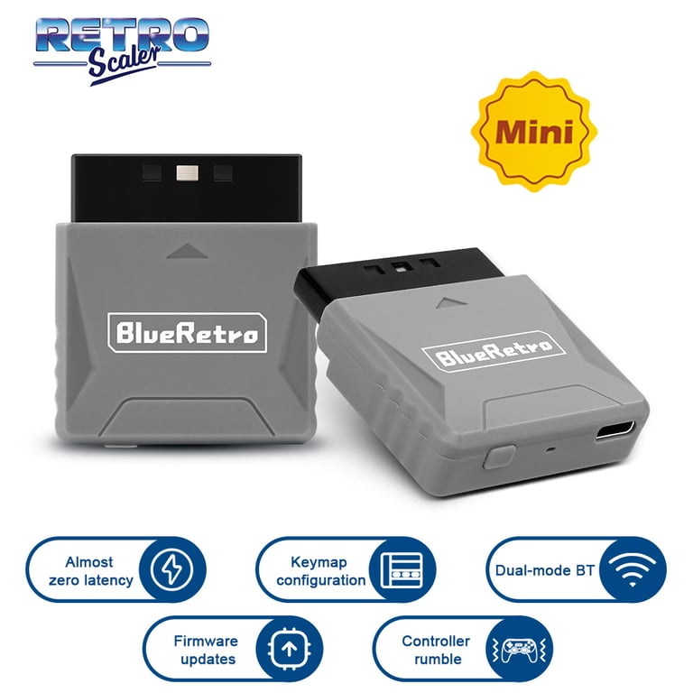RetroScaler Mini Blueretro Receiver Adapter for PS1/PS2 Consoles - Compatible with 8bitdo, PS4, PS5, Xbox Series X Controllers - Lag-Free Plug and Play Gaming - Compact Portable Design - Enhanced Retro Gaming Experience with Low Latency Technology
