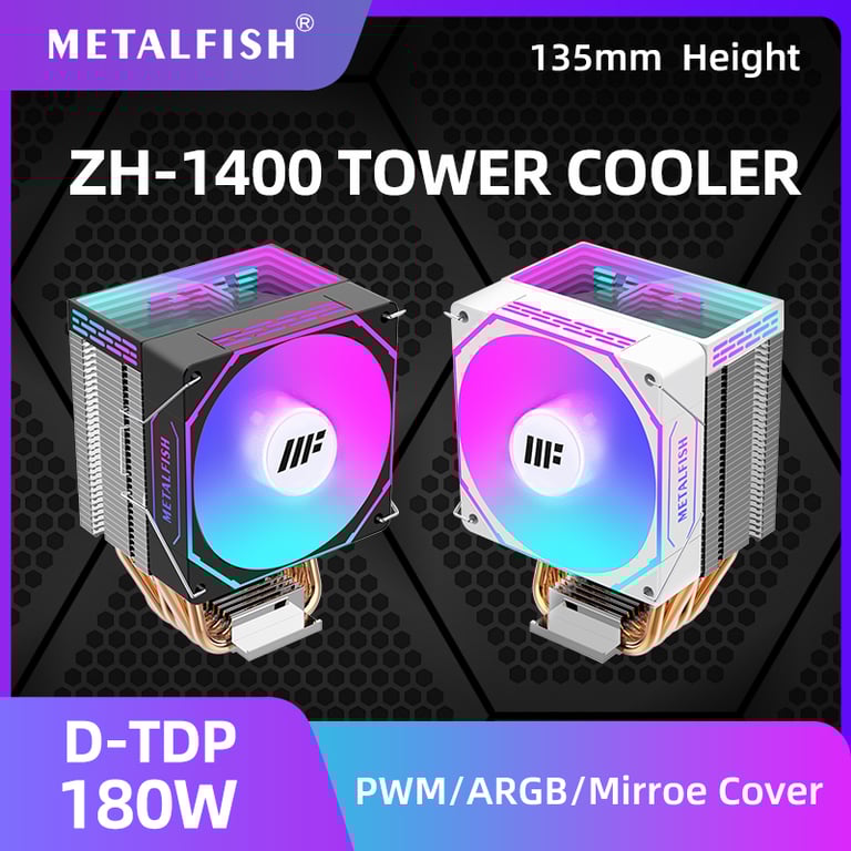 METALFISH CPU Cooler PC White Radiator with 4PIN PWM Silent ARGB Fan for Efficient Cooling Performance, Compatible with Intel 1700, 1200, 1150, 1155, 1156, 1366, 2011 and AMD AM5, AM4, AM3, x99, x79 Sockets, Silent Operation, Stylish Design, Easy Installation for Gaming Setup