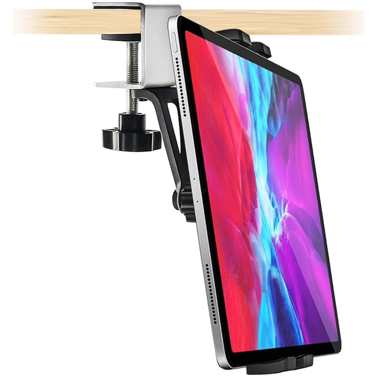 Adjustable Metal Clamp Kitchen Under Cabinet Phone Tablet Holder for iPad Air, iPad Pro, iPhone - 360-Degree Rotation, Space-Saving Design, Sturdy Mounting Solution, Wide Compatibility, Durable Construction