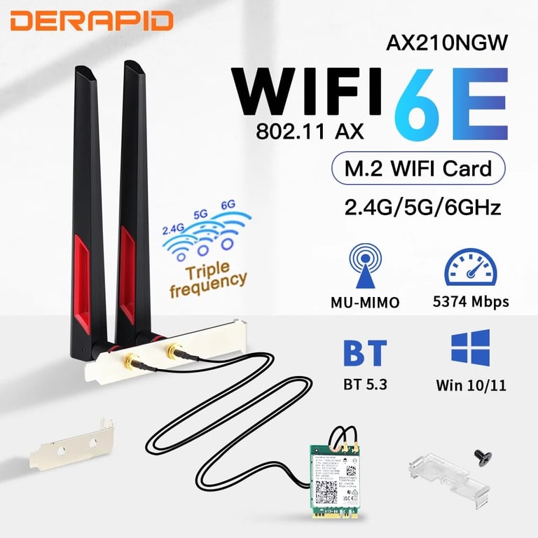 Ultra-Fast WiFi 6E AX210 M.2 Wireless Adapter with Bluetooth 5.3 Technology, Wi-Fi 6 AX210NGW NGFF, 10DBI Antenna Set - High-Speed Connectivity for Seamless HD Streaming, Gaming, and Downloads - Compatible with Windows 10/11 Desktop PCs, Easy to Install and Configure