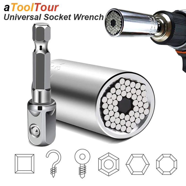 Magic Grip Universal Socket Wrench Head Set with Power Drill Adapter - Durable Chrome Vanadium Steel Construction - Versatile 7-19mm Socket Heads for Nuts and Bolts - Multi-functional Hand Tool for Automotive, Furniture, Plumbing - Easy to Use and Compact Design for Tight Spaces