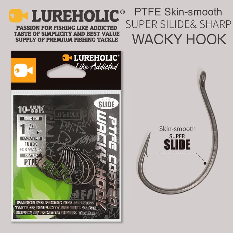 LUREHOLIC PTFE Super Slide Wacky Hook Set - High-Quality Stainless Steel Fishing Hooks for Drop Shot Techniques - PTFE Coating for Smooth Movement and Increased Hook-Up Ratios - Minimizes Resistance for Natural Presentation - Ideal for Freshwater and Saltwater Fishing - Pack of Multiple Hooks for Value and Convenience