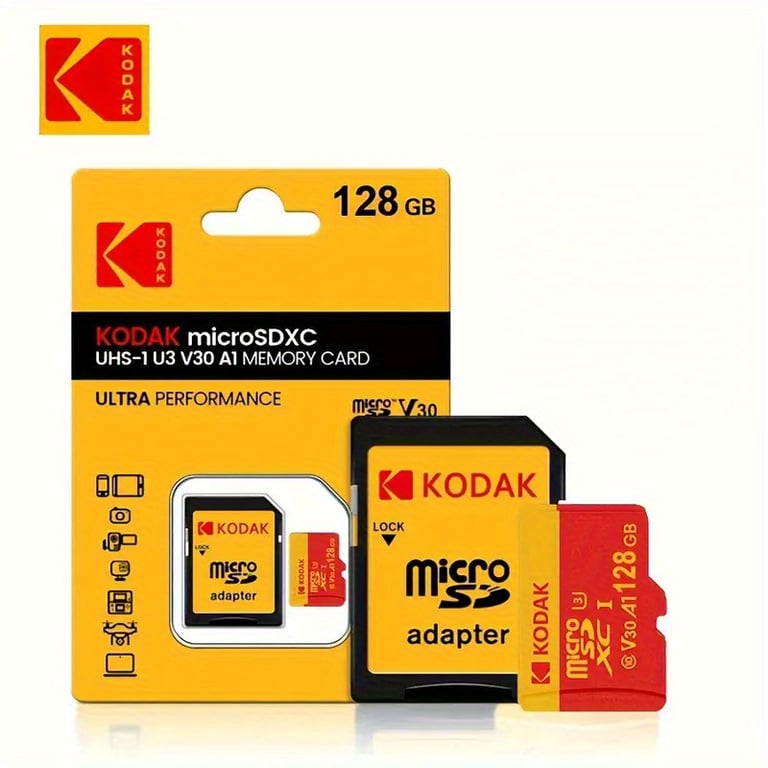 Kodak High Speed Micro SD Card U3 Class 10 - 100MB/s Read Write, 32GB 64GB 128GB Capacity, Adapter Included - Ideal for 4K Videos, Photos, and Large Files - Waterproof, Shockproof, Temperature-proof, X-ray-proof - Compatible with Smartphones, Tablets, Cameras, Drones