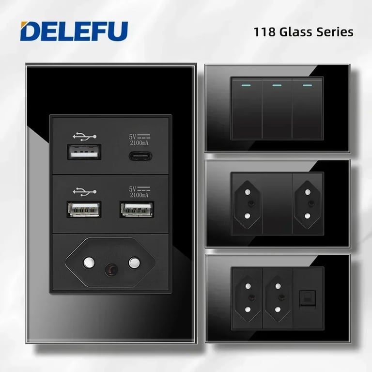 DELEFU Dual USB Type C Wall Socket with Black Tempered Glass, Brazil Standard Outlet, Switzerland 10A 20A - High-Quality Materials, Easy Installation - Ideal for Home and Office Use