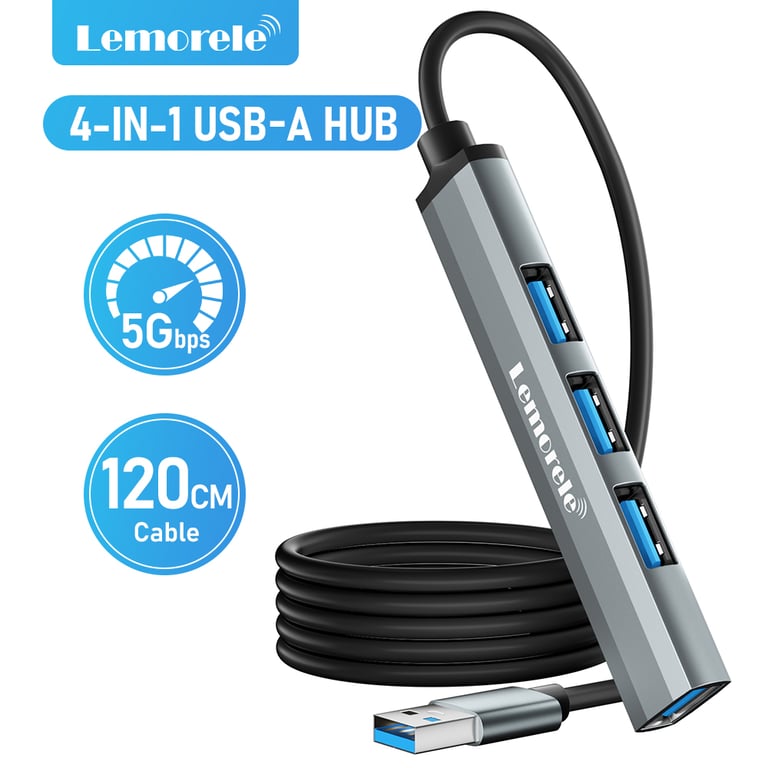 Lemorele 120cm USB HUB OTG USB A 3.0 Adapter with 4 Ports, High-Speed Data Transfer up to 5Gbps, OTG Functionality, Multi-Splitter Design, Compatible with Xiaomi, Lenovo, MacBook Pro - Ideal Laptop Accessory for Seamless Connectivity and File Transfer