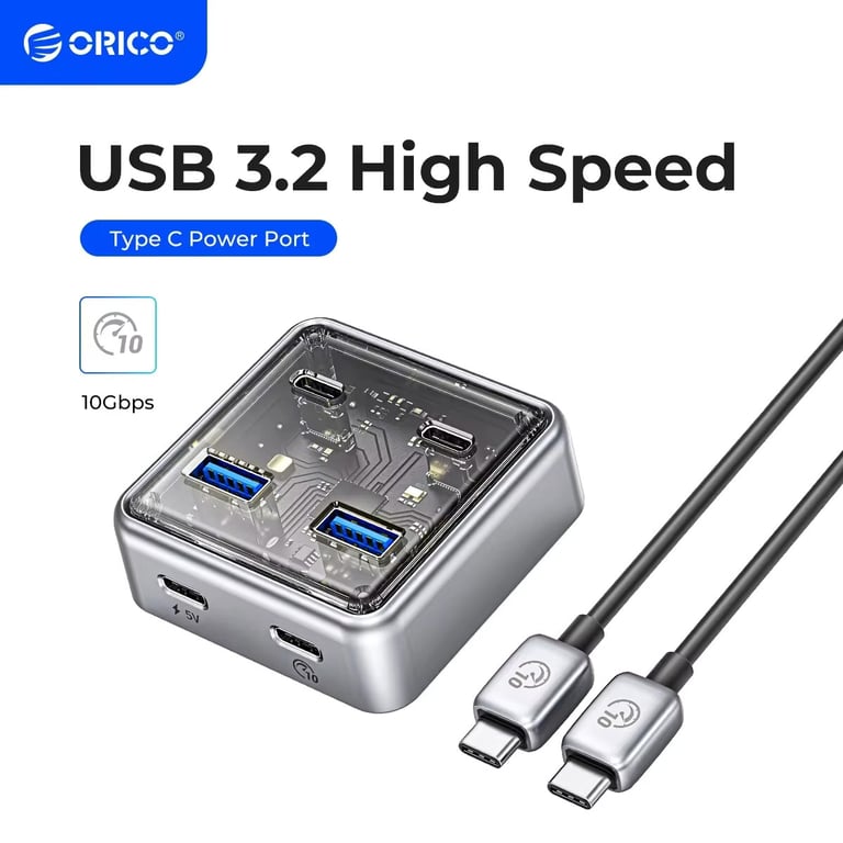 ORICO USB3.2 Hub with 10Gbps Data Transfer, Durable Aluminum Alloy Construction, 2 USB A and 2 USB C Ports, Compact and Portable Design, Plug-and-Play for Macbook and Mac Mini - Fast and Reliable Connectivity for Mobile Workstations