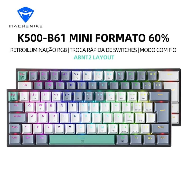 Machenike K500-B61 Mini Mechanical Keyboard ABNT2 Layout RGB Backlight Hot-swappable Switches NKRO Wired Compact 60% Layout Gaming Keyboard