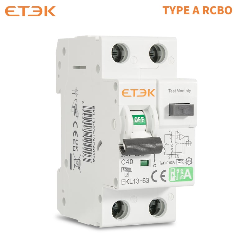 ETEK Low Voltage Residual Current Circuit Breaker with Short Circuit Leakage Protection and RCD Functionality - A Type 30mA 2P(1P+N) Configuration for Residential, Commercial, and Industrial Use - Durable and Reliable Design for Enhanced Electrical Safety