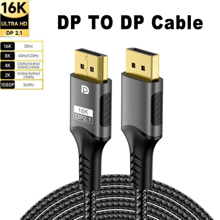 16K DisplayPort Cable with 80Gbps Bandwidth, HDR and Audio Support - Ideal for Gaming, Movies, and Multimedia - Universal Compatibility with Laptops, TVs, Xbox, and Monitors - Crystal-Clear Visuals at 240Hz, 120Hz, and 60Hz Resolutions