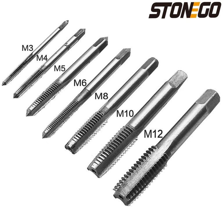 STONEGO Precision Machined Spiral Point Hand Tap Set - High-Quality Bearing Steel, 5 or 7 Pieces, M3-M12 Sizes - Straight Fluted Design for Smooth Chip Evacuation, Versatile for Steel, Aluminum - Ergonomic Handles, Taper Design, Compact Case for Easy Storage and Transport
