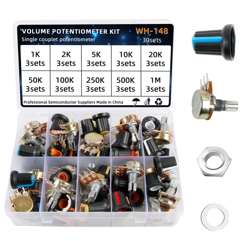 High-Quality WH148 Potentiometer Assortment Kit with Nuts and Washers - 30 Sets of Variable Resistors from 1k to 1M Ohms for Audio Equipment, Amplifiers, and DIY Electronics - Precise Control Over Voltage Levels and Currents - Easy Installation and Durable Construction for Reliable Performance
