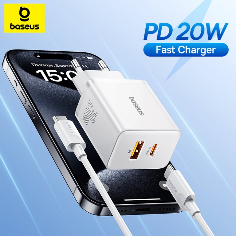 Baseus 20W Dual Port USB Charger with Type C PD Fast Charging for iPhone 15, 14, 13, 12 Pro Max, 11, 8 Plus - Safe, Reliable, Sleek, Portable Design - Universal Compatibility with Overcurrent Protection - Charge 2 Devices Simultaneously
