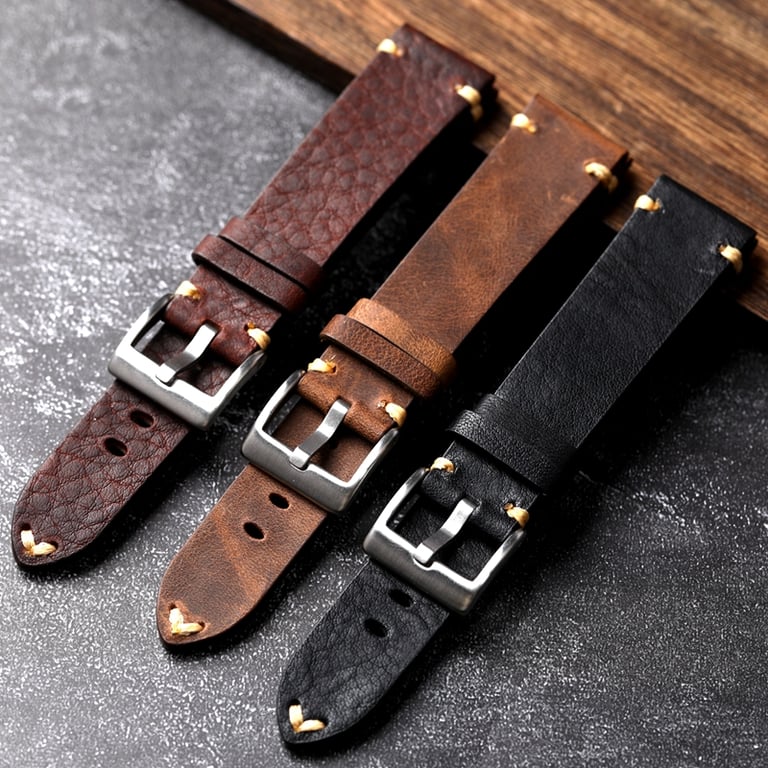 Handmade Vintage Leather Watchband for Men and Women - Soft and Comfortable Genuine Cowhide Band in Old Brown and Black - Versatile Sizing Options (18mm, 20mm, 22mm) - Classic Design for Casual and Formal Wear - Stainless Steel Buckle for Secure Closure and Durability