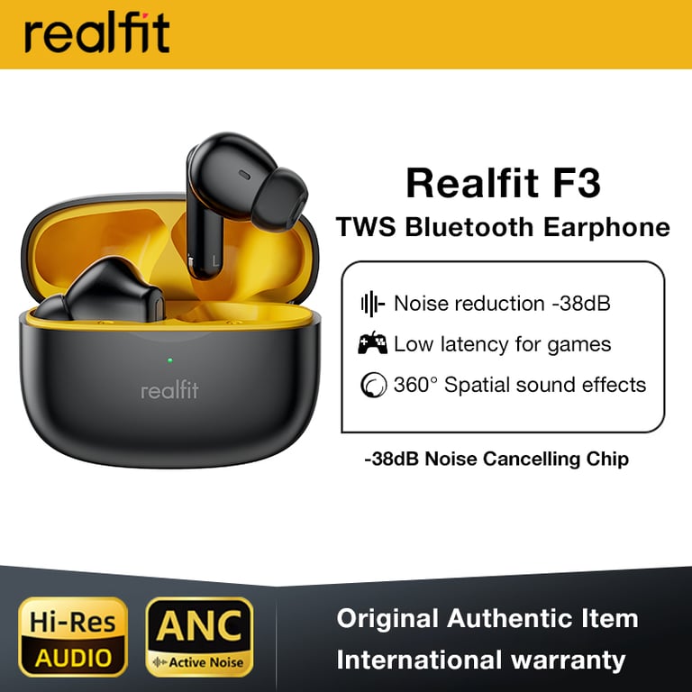 Realfit F3 ANC Bluetooth Earphones with ENC Call Functionality, HIFI Stereo Sound, Wireless Connectivity, and Gaming Compatibility - Advanced Noise Cancellation Technology for Immersive Music and Calls, Sweatproof Design for Sports Enthusiasts