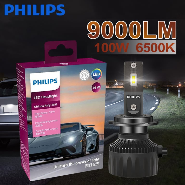 Philips Ultinon Rally 3551 LED Car Headlight 6500K 100W 9000lm H4 H7 H11 HB3/4 H18 H19 HIR2 Plug-and-Play Upgrade Kit