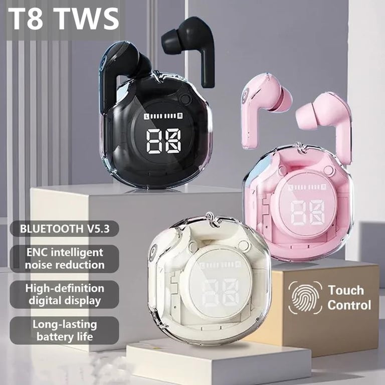 Transparent T8 PRO Tws Bluetooth Earbuds with Crystal Clear Sound Quality, LED Digital Display, Wireless In-Ear Earphone, Wide Compatibility, and Comfortable Secure Fit - Deep Bass, Clear Mids, Crisp Highs - Xiaomi, Huawei, iPhone Compatible - Immersive Listening Experience