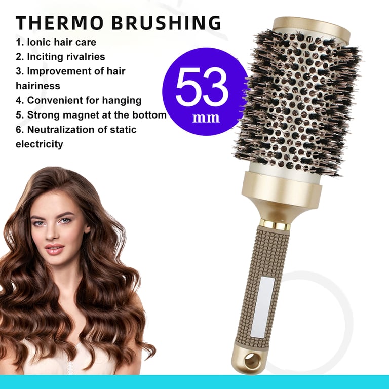 Professional Boar & Nylon Bristle Hair Roller Brush with Gold Non-Slip Handle for Salon-Quality Styling, Curl Defining Barrel, and Home Styling Convenience - Perfect for All Hair Types, Adds Shine, Reduces Frizz, and Creates Polished Curls and Waves Easily