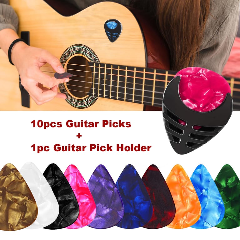 10pcs Celluloid Guitar Picks Set with Pick Holder - 6 Thicknesses, Random Colors - Versatile and Durable Accessories for Acoustic, Electric, Bass, and Ukulele Players - Compact Storage for Performances and Jam Sessions - Great Gift Idea for Musicians and Guitar Enthusiasts