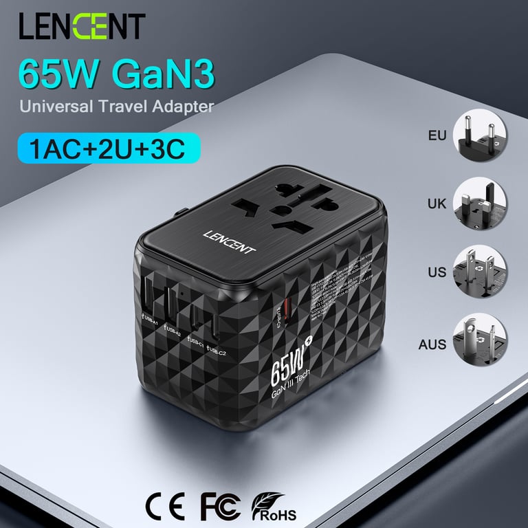 LENCENT 65W GaN Universal Travel Adapter with Ultra-Fast Charging, EU/UK/USA/AUS Plugs, 2 USB Ports, 3 Type C Ports, GaN Technology, Safe and Reliable, Compact Design - Perfect Travel Companion for International Travel and Everyday Use