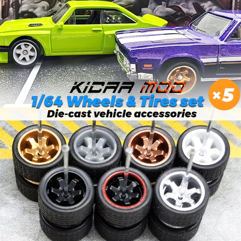 Premium 1/64 Six-Spoke Wheels with Fixed Black Rubber Tires for Diecast Cars - Set of 5 Value Pack for Hotwheels and More - Easy Installation, Enhanced Aesthetics, Durable Construction - Ideal for Collectors and Enthusiasts