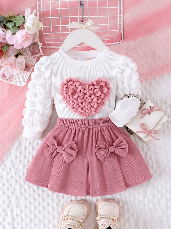 Adorable 2-Piece Winter Set for Girls 0-3 Years, Bubble Sleeve Love Chapter Top with Pink Skirt, Soft Cozy Fabric, Easy Button Closure, Elastic Waistband, Versatile Outfit for Playdates to Special Events, Perfect Gift for Style, Comfort, and Cuteness in Every Little Girl's Wardrobe