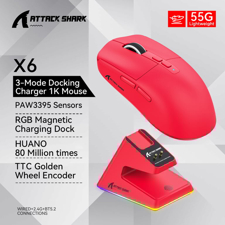 Attack Shark X6 PAW3395 Bluetooth Mouse with Tri-Mode Connectivity and RGB Touch Magnetic Charging Base - 16000 DPI Precision Sensor, Macro Gaming Mouse with Programmable Buttons and Ergonomic Design for Gaming and Graphic Design Tasks