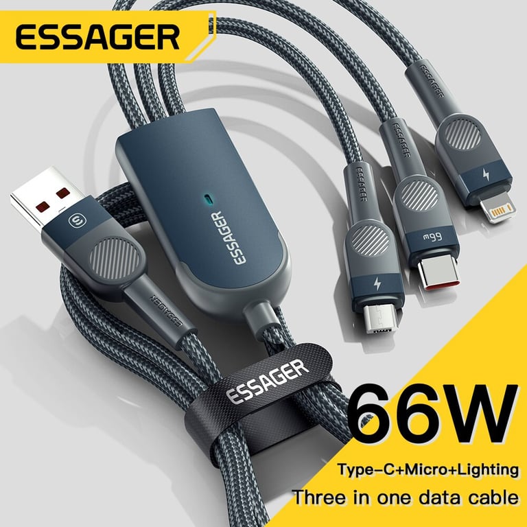 Essager 6A 66W 3-in-1 USB C Cable for iPhone 14, 13, Samsung, Xiaomi, Huawei, POCO - Fast Charging, Data Transfer, Durable & Portable - USB-C, Micro USB, Type-C Connectors - High-Speed Charging Cable for Versatile Usage, Long-Lasting Performance, and Convenient On-The-Go Use