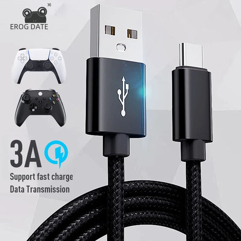 Data Frog High-Quality USB Type C Charging Cable for PS5 and Xbox Series S X Controllers - Fast Charging Technology, Secure Connection, Ergonomic Design, 1m/2m/3m Length Options - Durable Materials for Long-Lasting Performance and Reliability - Tangle-Free and Compatible with Gaming Setup