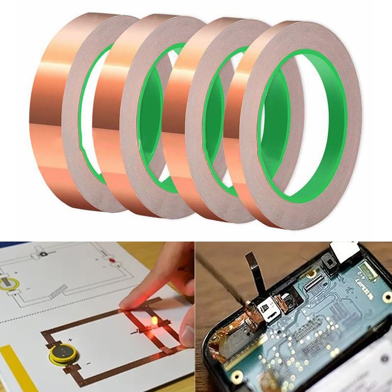 High-Quality Double-Sided Conductive Copper Tape with Strong Adhesive for Stained Glass, Guitar Electronics, EMI Shielding, and Crafts - Highly Conductive for Circuitry, Easy to Shape and Solder - Versatile Tool for DIY, Artists, Technicians, and Hobbyists