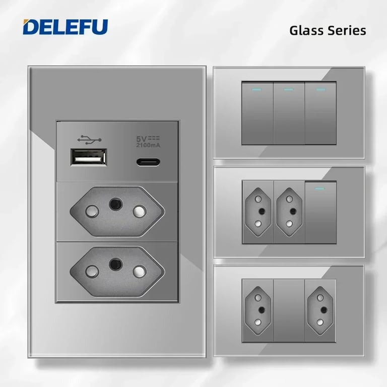 DELEFU Tempered Gray Glass Brazil Standard Outlet Dual Usb Type C Switzerland Wall Socket Light Switch with 118mm Size, 10A/20A Capacity, and Modern Design for Fast and Efficient Charging of Multiple Devices