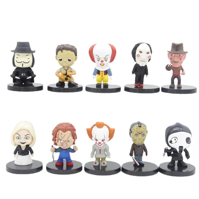 Horror Movie Character Action Figures Set of 10 - V for Vendetta, Chucky, Freddy, Jason, Saw - High-Quality PVC Collectible Figures with Realistic Details - Perfect for Role-Playing and Display - Ideal Gift for Horror Movie Fans and Collectors