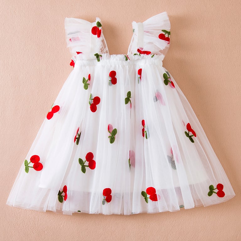 Adorable Strawberry Embroidered Princess Dress for Girls 1-5 Years | Flying Sleeves, Bow Detail, Breathable Mesh Fabric, Sleeveless Summer Outfit | Easy Pull-On Style, Perfect for Playdates, Special Occasions, and Everyday Wear