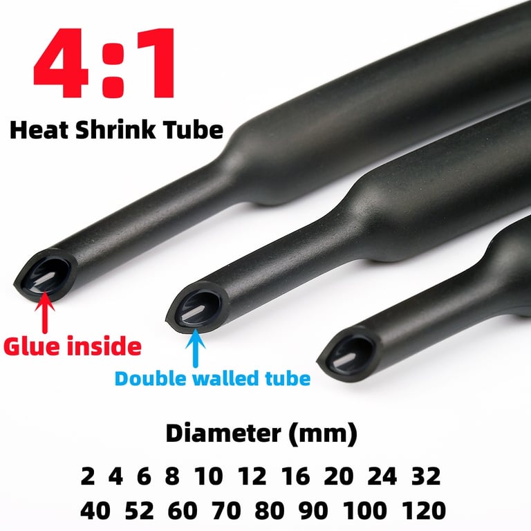 Premium 1Meter 4:1 Heat Shrink Tube with Glue Lining for Secure Seal - Multiple Size Options (2mm-120mm) - 4:1 Shrink Ratio - Ideal for Electrical Insulation, Wire Bundling, Color-Coding, and More - DIY, Automotive, Marine, Industrial Projects