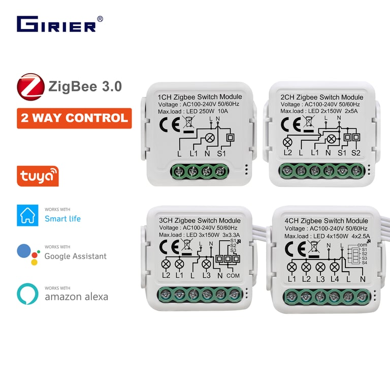 GIRIER Tuya ZigBee 3.0 Switch Module with DIY Breaker Installation, Multi-Gang Support, Two-Way Control, and Voice Control Compatibility - Smart Home Automation Device for Alexa and Google Home - Upgrade Your Home Easily and Conveniently with Advanced ZigBee 3.0 Technology