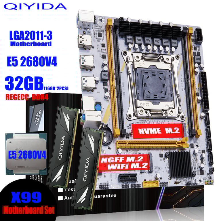 QIYIDA X99 Motherboard Bundle with Xeon E5 2680 V4 CPU, 32GB DDR4 RAM, NVME M.2 Support, TPM2.0 Security Plug - Complete Kit for High-Performance Computing and Enhanced Data Protection - Ideal for Building Powerful Systems with Easy Installation