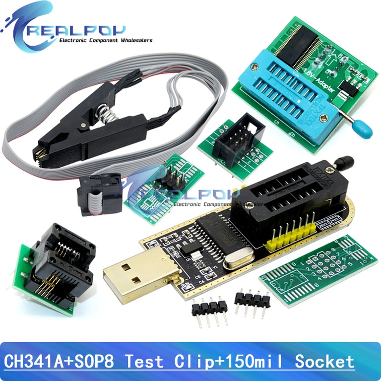 CH341A Programmer Adapter with SOIC8 Adapter, SOP8 Clip, and 1.8V Adapter - Versatile Set for EEPROM Flash BIOS USB Programming - Secure Connection, Reliable Communication - Compatible with Various Chip Types - Comprehensive Tool for Professionals and Hobbyists
