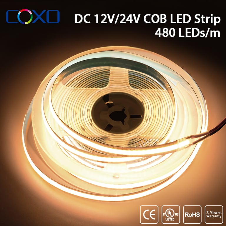 UL Listed COB LED Strip Light with 320-480 LEDs per Meter, 3000-6500K Color Temperature Range, High CRI of 90 - Flexible and Easy to Install Tape Ribbon for Photography, Retail Displays - Wide Voltage Compatibility and Customizable Lengths, DC12V/24V Power Source Compatible