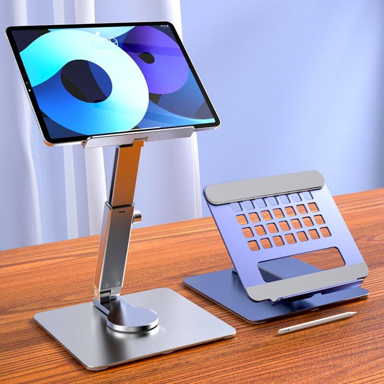 Premium Aluminum Tablet Stand with 360° Rotating Feature, Foldable Design, Adjustable Height and Angle - Compatible with iPad Pro, Xiaomi Tab, and More - Ergonomic Stand for Work and Leisure, Reducing Neck and Eye Strain - Modern and Durable Stand for Home Office or Workspace