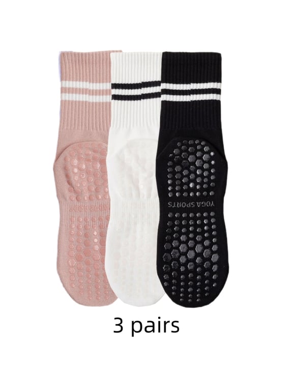 High-Quality Cotton Medium Length Yoga Socks with Anti-Slip Silicone Grips - Set of 3 Pairs for Wholesale - Breathable Fitness Accessories for Pilates, Gym, and Studio Workouts - Comfortable Support and Stability for Women - Bulk Purchase at Competitive Price