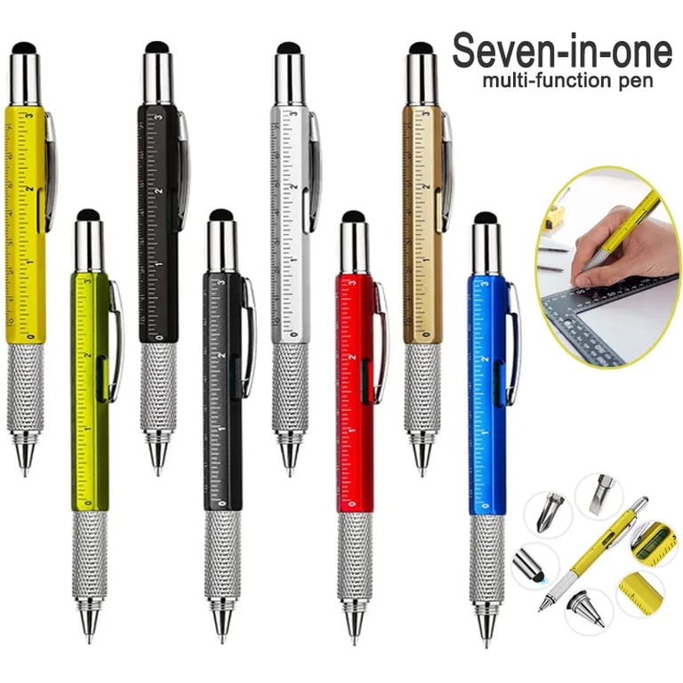 7 in 1 Multifunction Pen: Ballpoint, Ruler, Screwdriver, Stylus, Level, Touch Screen Stylus - Modern Handheld Tool for DIY, Crafts, Repairs - Metric & Imperial Measure Technical Ruler - Compact and Durable Design for Home, Office, and On-The-Go Use