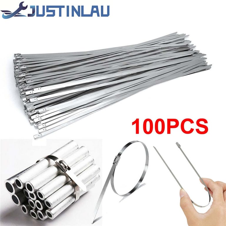 Heavy Duty 304# Stainless Steel Cable Ties - Pack of 100 Self-Locking Metal Exhaust Wrap Locking Ties for Industrial, Automotive, and Household Use - 4.6mm Thickness for Secure Fastening of Cables, Wires, and Hoses - Durable, Corrosion-Resistant, and Versatile Multi-Purpose Ties
