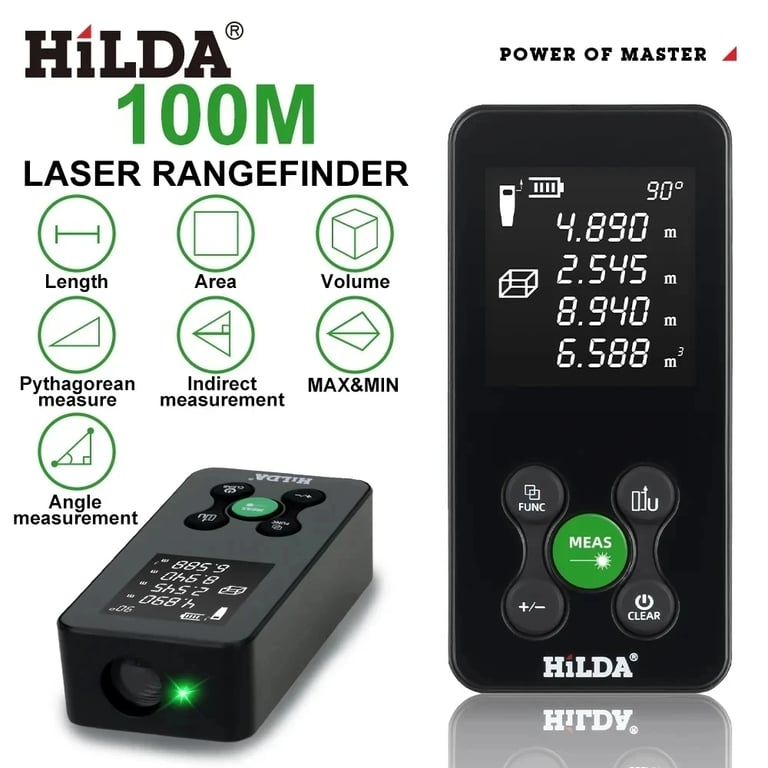 HILDA 50/100/120M Laser Rangefinder - Red/Green Light Technology, Rechargeable Battery, Measurable Angle, Easy-to-Read Display, Durable & Portable Design - Ideal for Construction, Real Estate & Outdoor Use