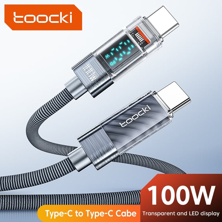 Toocki 100W Power Delivery Type C to Type C Cable with Display Function - Fast Charging, Durable & Transparent Design, Universal Compatibility, Safe & Reliable - for Xiaomi, MacBook, Smartphones, Tablets, Laptops