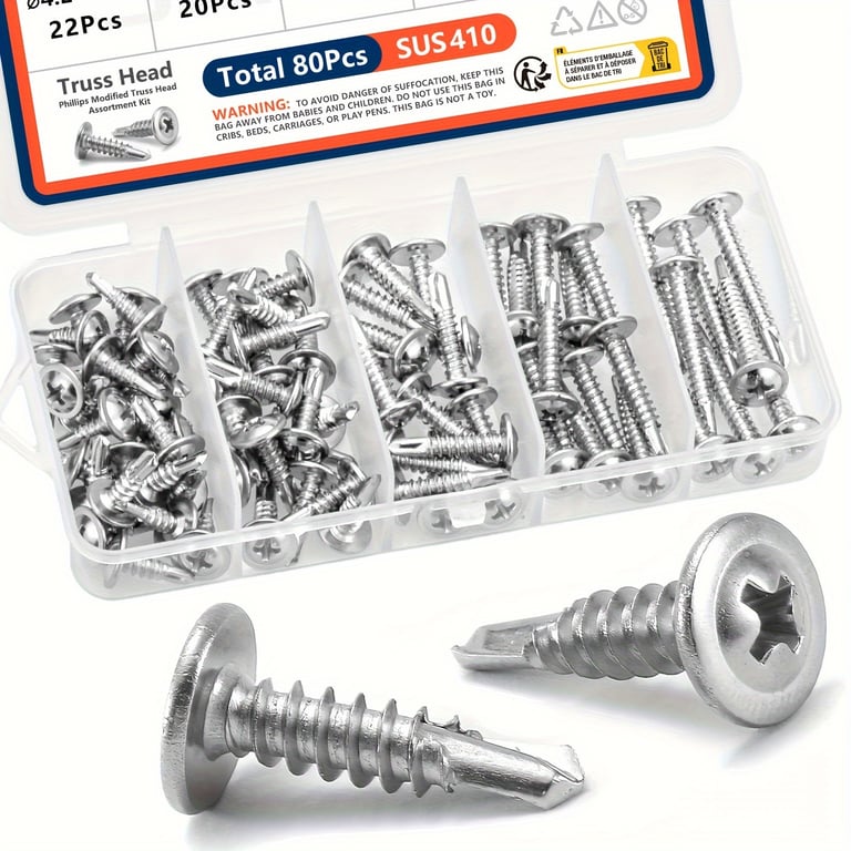410 Stainless Steel #8 Modified Truss Head Sheet Metal Screws Assortment Kit - Self-Tapping Design, Corrosion Resistant, Versatile Sizes for Metal, Plastic, Wood - Convenient Storage Case Included