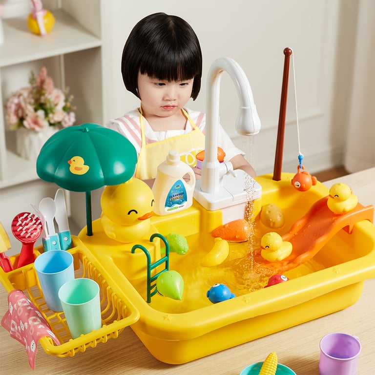Interactive Kids Kitchen Sink Toy with Electric Dishwasher, Play Food, and Fishing Toy - Lights, Sounds, and Role-Playing Fun for Girls - Durable & Safe Pretend Playset for Creative & Imaginative Playtime